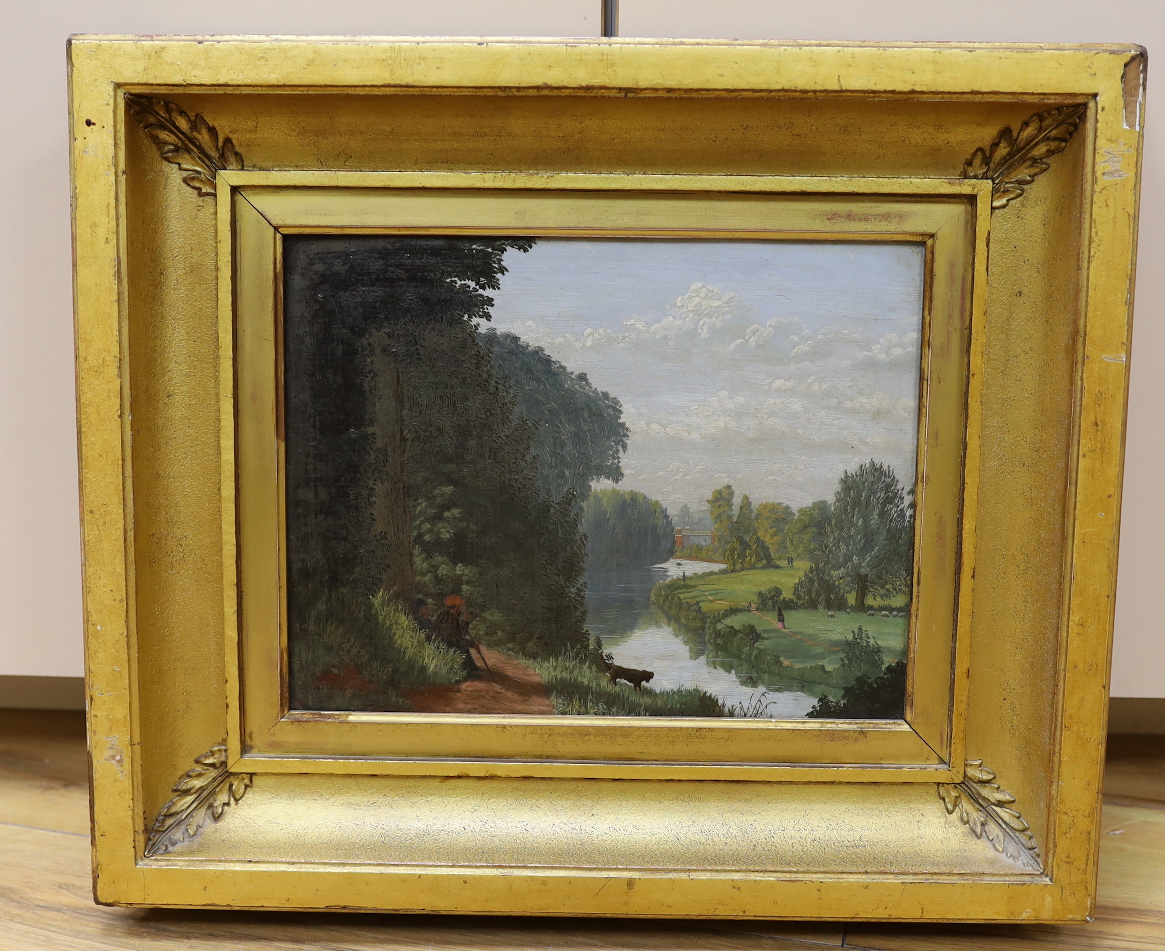 19th century Continental School, oil on board, River landscape, ornate gilt frame, 21 x 28cm